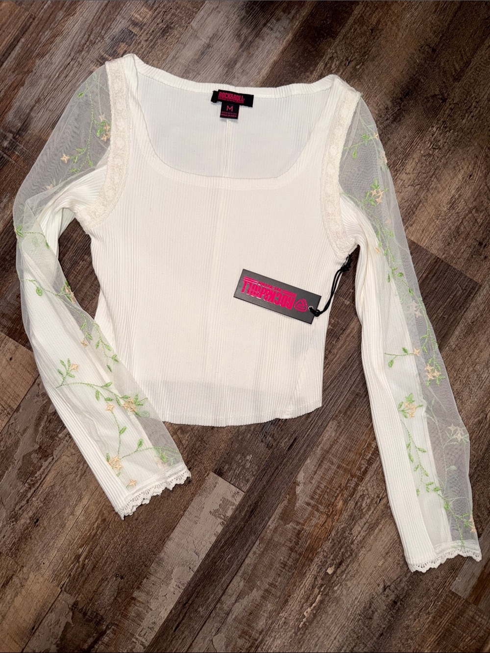 Rock and Roll NWT White Ribbed Top with Sheer Embroidered Sleeves